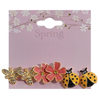 3-Pair Gold Tone Bee, Flower and Ladybug Earrings