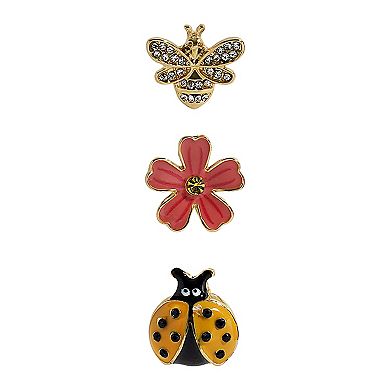3-Pair Gold Tone Bee, Flower and Ladybug Earrings