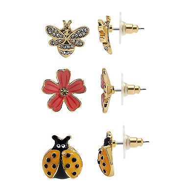 3-Pair Gold Tone Bee, Flower and Ladybug Earrings
