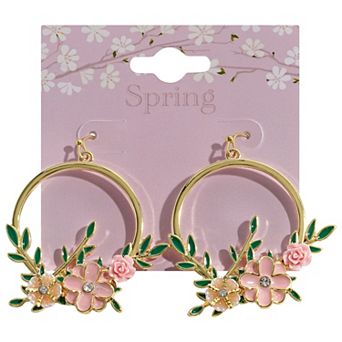 Gold Tone Enamel Flower Drop Earrings