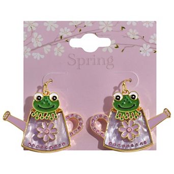 Gold Tone Frog in Watering Can Earrings