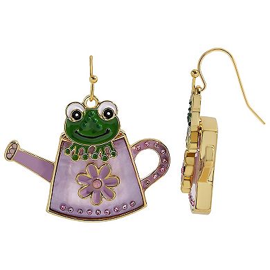 Gold Tone Frog in Watering Can Earrings