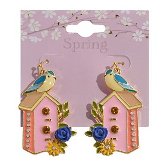 Gold Tone Bird on House Earrings