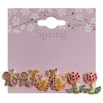 3-Pair Gold Tone Bee, Butterfly and Tulip Earrings Set