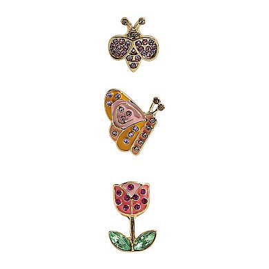 3-Pair Gold Tone Bee, Butterfly and Tulip Earrings Set