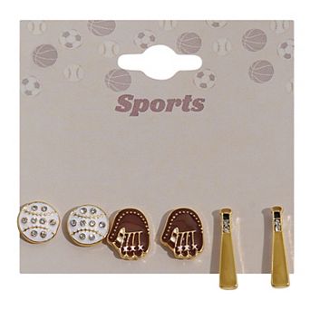 3-Pair Gold Tone Baseball, Glove and Bat Earrings Set