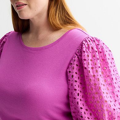 Plus Size Nine West Mixed Media Puff Sleeve Crew Neck Top