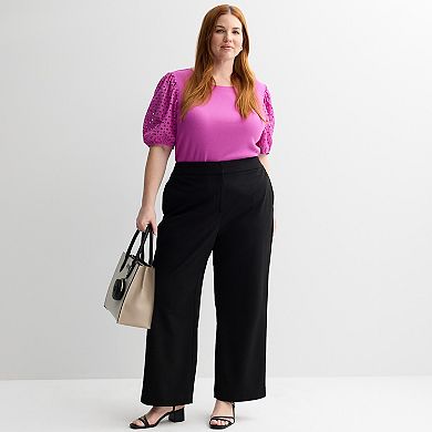 Plus Size Nine West Mixed Media Puff Sleeve Crew Neck Top