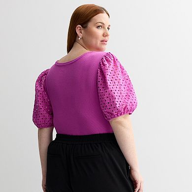 Plus Size Nine West Mixed Media Puff Sleeve Crew Neck Top