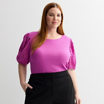 Plus Size Nine West Mixed Media Puff Sleeve Crew Neck Top