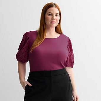 Plus Size Nine West Mixed Media Puff Sleeve Crew Neck Top