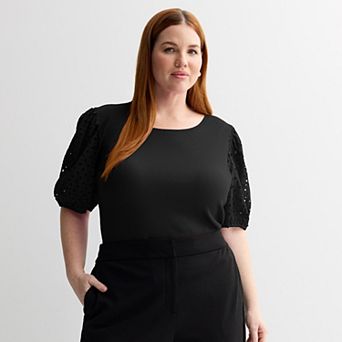 Plus Size Nine West Mixed Media Puff Sleeve Crew Neck Top