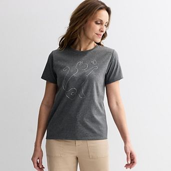 Women's MISSY Rhinestone Cat Short Sleeve Graphic Tee