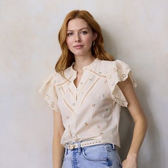 Women's LC Lauren Conrad Lace Trim Ruffle Neck Button Front Top