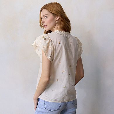 Women's LC Lauren Conrad Lace Trim Ruffle Neck Button Front Top