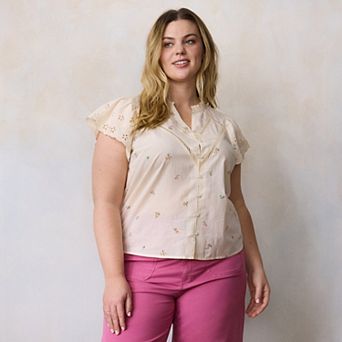 Plus Size LC Lauren Conrad Lace Trim Ruffle Neck Button Front Top