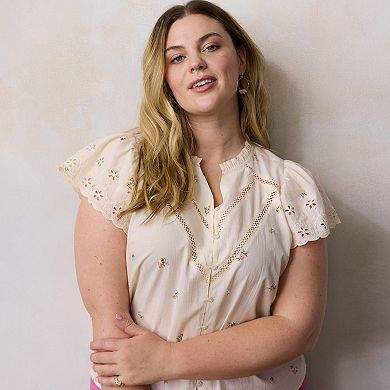 Plus Size LC Lauren Conrad Lace Trim Ruffle Neck Button Front Top