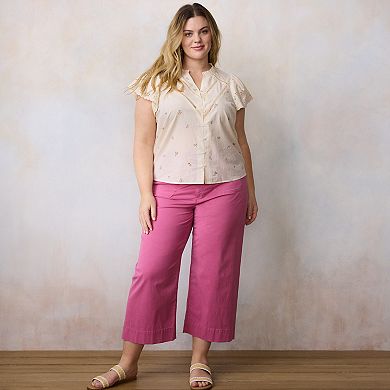 Plus Size LC Lauren Conrad Lace Trim Ruffle Neck Button Front Top