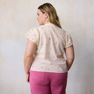 Plus Size LC Lauren Conrad Lace Trim Ruffle Neck Button Front Top