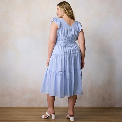 Plus Size LC Lauren Conrad Shirred Bodice Ruffle Sleeve Midi Dress