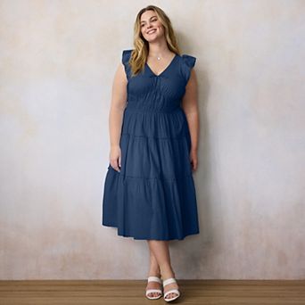 Plus Size LC Lauren Conrad Shirred Bodice Ruffle Sleeve Midi Dress