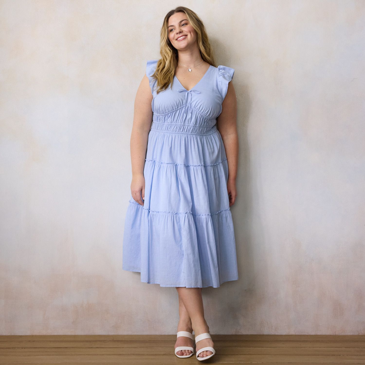 Женские платья LC Lauren Conrad Plus Size LC Lauren Conrad Shirred Bodice Ruffle Sleeve Midi Dress