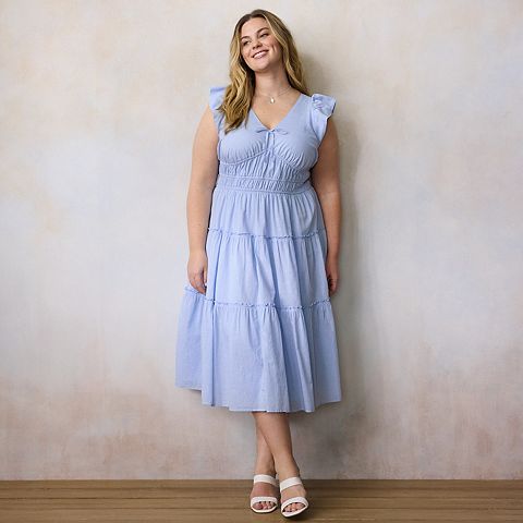 Женские платья LC Lauren Conrad Plus Size LC Lauren Conrad Shirred Bodice Ruffle Sleeve Midi Dress