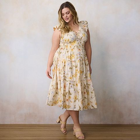 Женские платья LC Lauren Conrad Plus Size LC Lauren Conrad Shirred Bodice Ruffle Sleeve Midi Dress