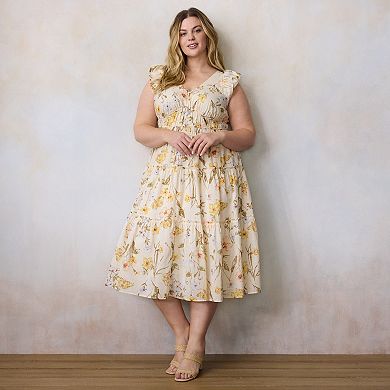 Plus Size LC Lauren Conrad Shirred Bodice Ruffle Sleeve Midi Dress