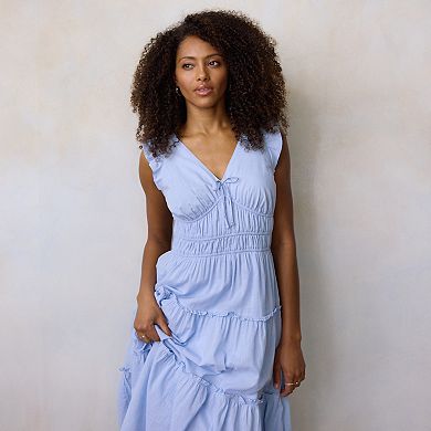 Petite LC Lauren Conrad Shirred Bodice Ruffle Sleeve Midi Dress