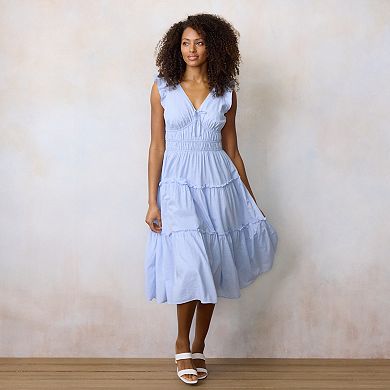 Petite LC Lauren Conrad Shirred Bodice Ruffle Sleeve Midi Dress