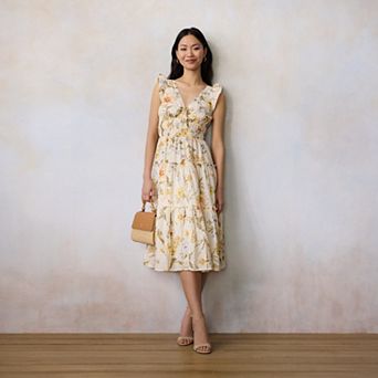 Petite LC Lauren Conrad Shirred Bodice Ruffle Sleeve Midi Dress