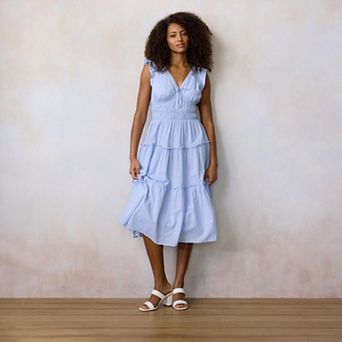 Petite LC Lauren Conrad Shirred Bodice Ruffle Sleeve Midi Dress