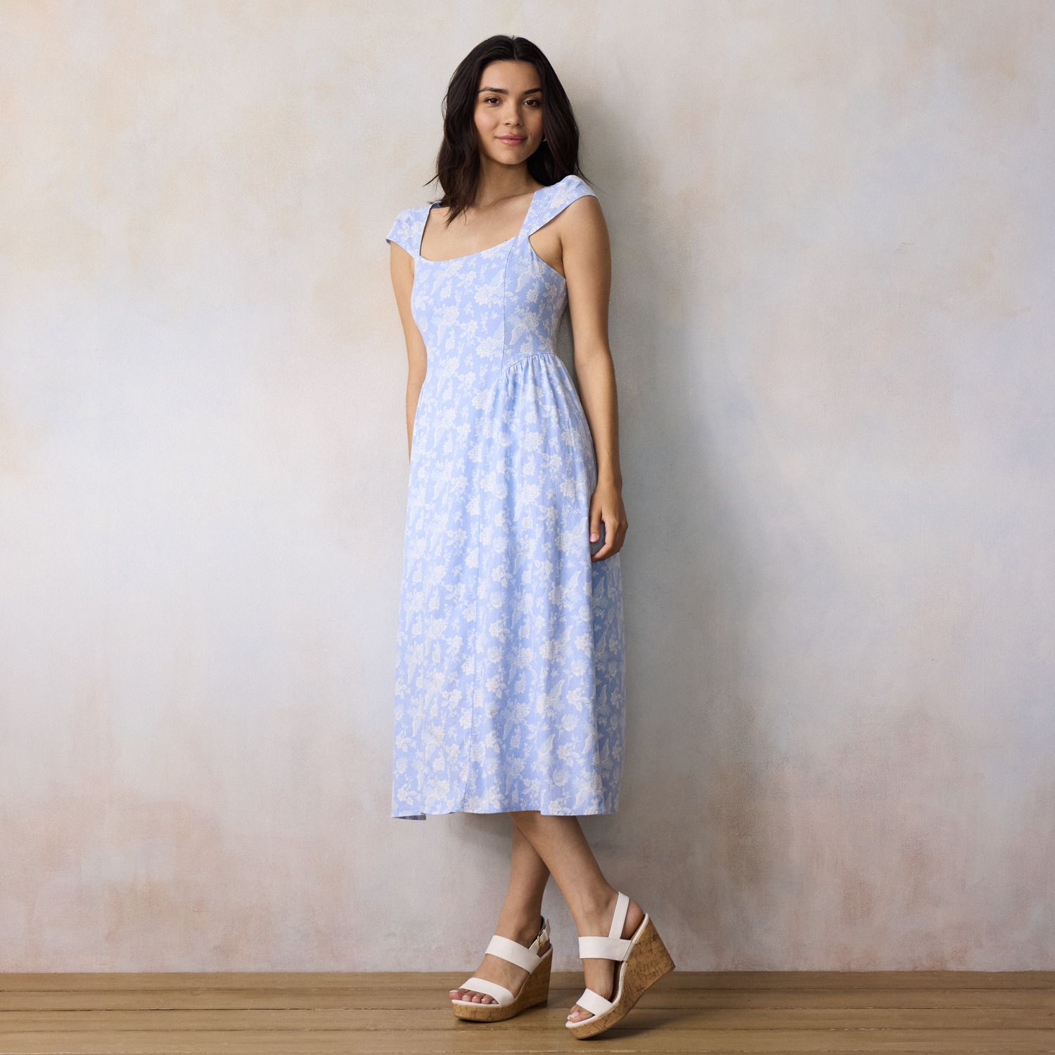 Женское платье LC Lauren Conrad Square Neck Cap Sleeve Midi, цвет: Синий