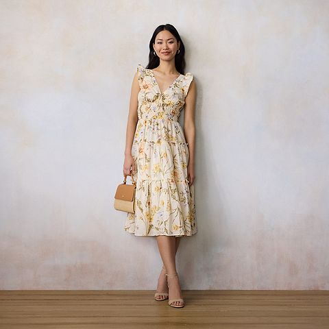 Женские платья LC Lauren Conrad Women's LC Lauren Conrad Shirred Bodice Ruffle Sleeve Midi Dress