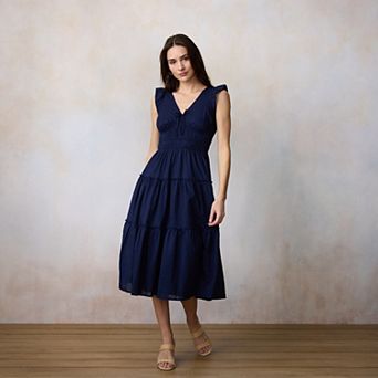 Women's LC Lauren Conrad Shirred Bodice Ruffle Sleeve Midi Dress