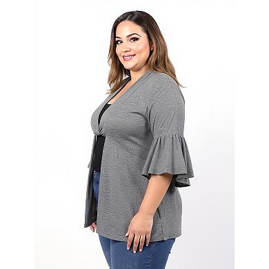 Plus Size 24Seven Comfort Apparel Tie Front Bell Sleeve Cardigan