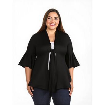 Plus Size 24Seven Comfort Apparel Tie Front Bell Sleeve Cardigan