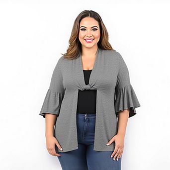 Plus Size 24Seven Comfort Apparel Tie Front Bell Sleeve Cardigan