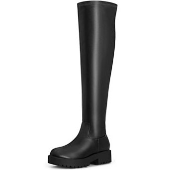 Women's Platform Round Toe Lug Sole Chunky Low Heel Over Knee High Boots