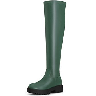 Women's Platform Round Toe Lug Sole Chunky Low Heel Over Knee High Boots