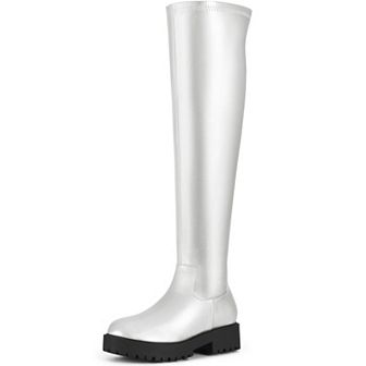 Women's Platform Round Toe Lug Sole Chunky Low Heel Over Knee High Boots