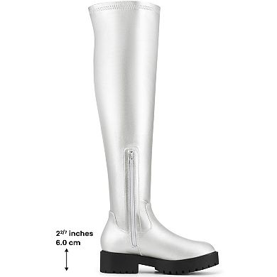 Women's Platform Round Toe Lug Sole Chunky Low Heel Over Knee High Boots