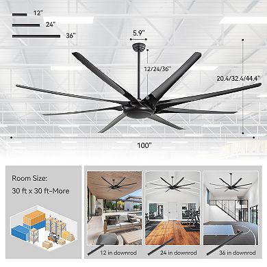 100 inch HVLS Ceiling Fan Without Light, 8 Blades, DC Motor, Remote, 12/24/36 Inch Downrods