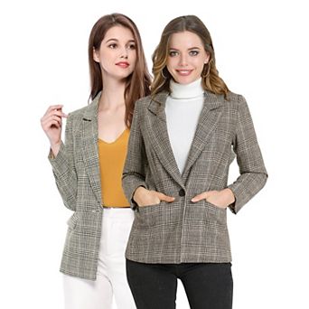 2 Packs Women's Notched Lapel One Button Hip Length Houndstooth Blazer