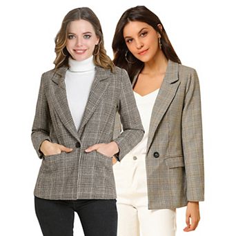 2 Packs Women's Notched Lapel One Button Hip Length Houndstooth Blazer
