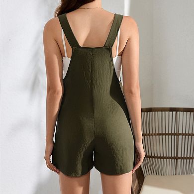 Maternity Women Round Neck Button Front Overalls Romper Shorts