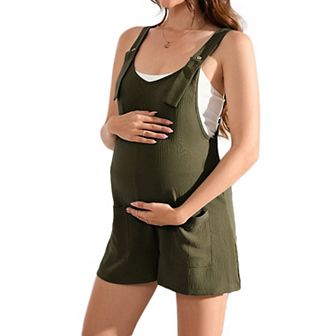 Maternity Women Round Neck Button Front Overalls Romper Shorts