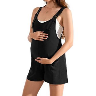 Maternity Women Round Neck Button Front Overalls Romper Shorts