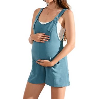 Maternity Women Round Neck Button Front Overalls Romper Shorts